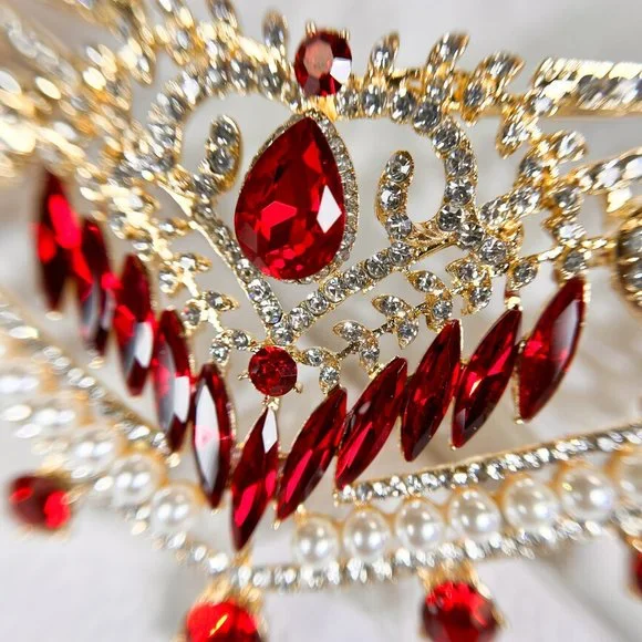 Elegant Gold Tiara for Ladies, Glamorous Crystal Red Crown, Hair Accessories - Picture 3 of 5